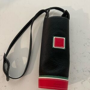 Black Leather Bottle Holder with Red and Green Accents Radda Made in Italy